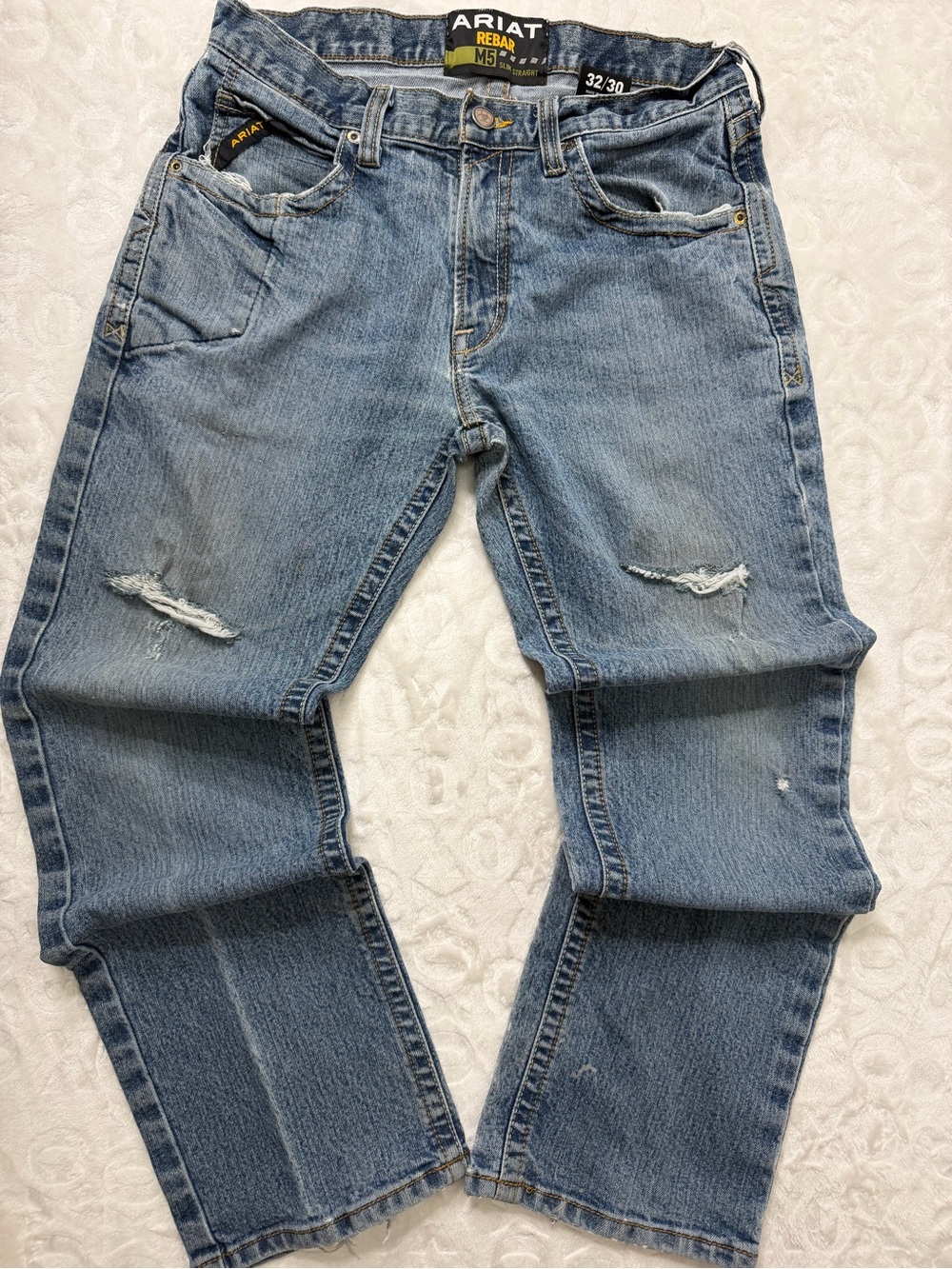 Ariat Rebar M5 Men's 32x30 Slim Straight Blue Distressed Work Jeans